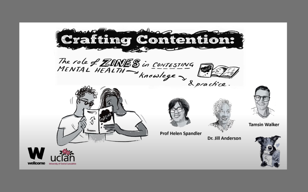 Title slide for presentation with thumbnail drawings of two people and a dog reading a MadZines, and the presenters, all on pale grey background