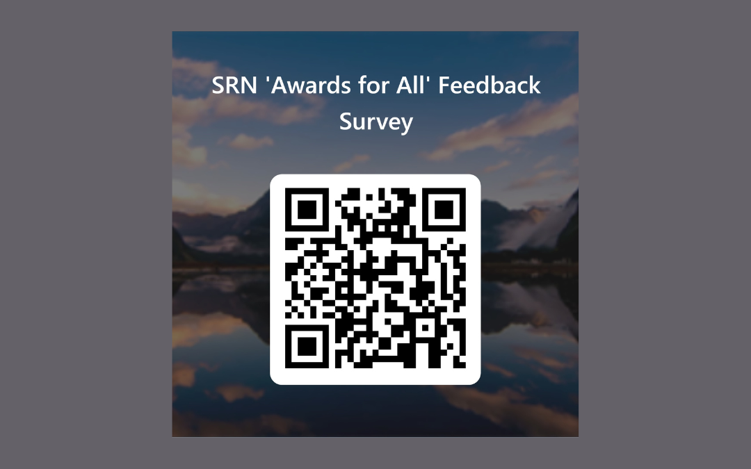 QR code on scenic background with text above reading SRN Awards for All Feedback Survey