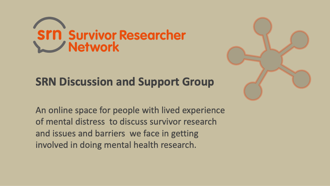 poster image with pale olive green background showing the SRN logo on left, details of the meeting which are reproduced in the text to the centre, and a background discussion group logo on right consisting of a darker green circle connected to five smaller ones around it, all within a continuous orange border
